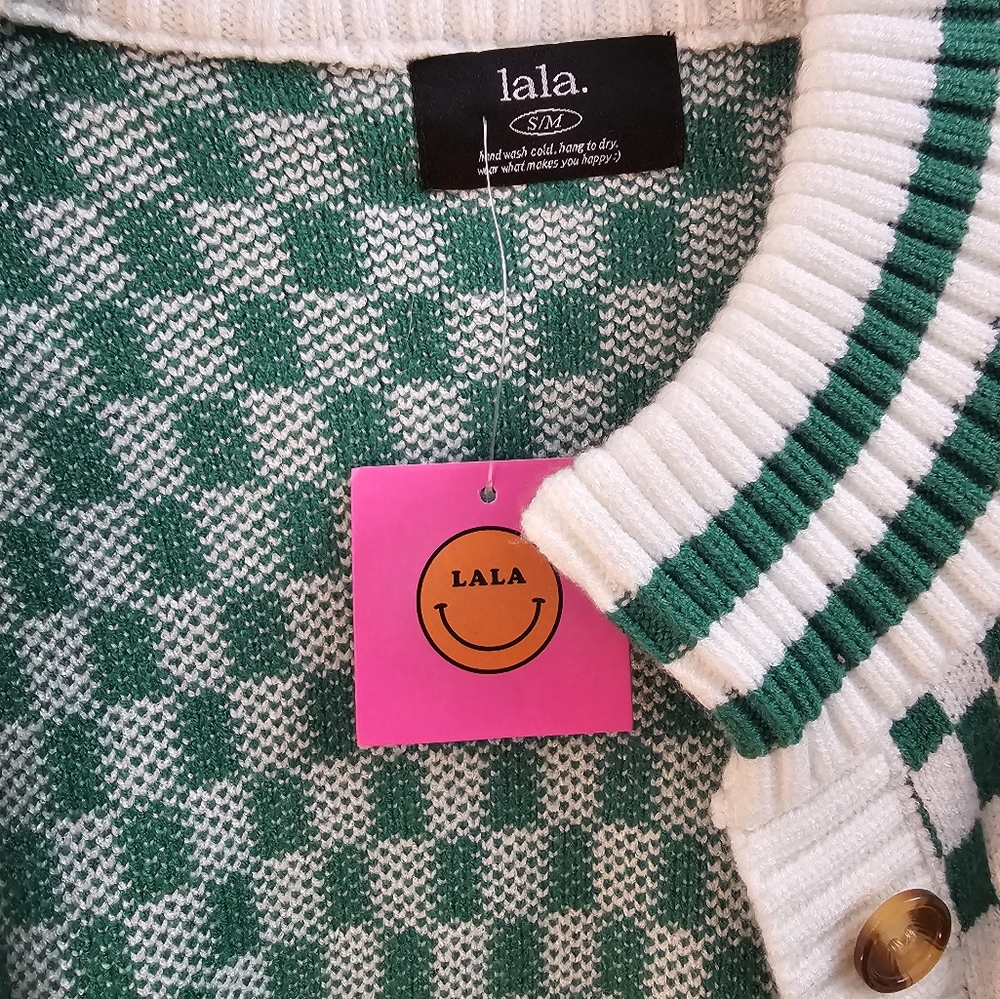 Dressed in LALA Green and White Checker Knit Cardigan - Picture 3 of 7